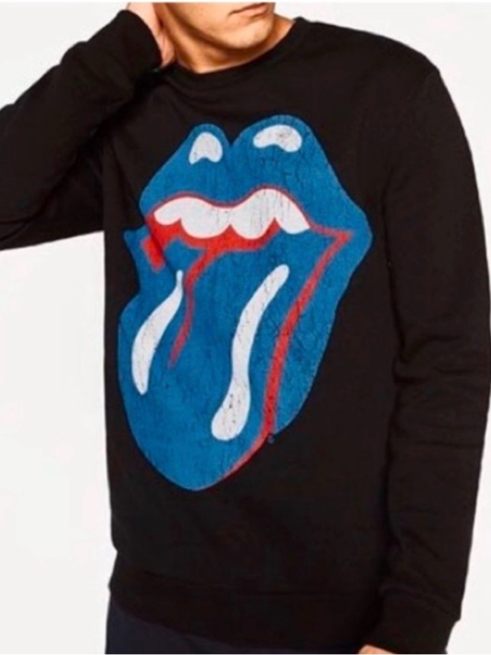 ZARA + The Rolling Stones Black Graphic Pullover Sweatshirt Blue Red Tongue L - Picture 14 of 15